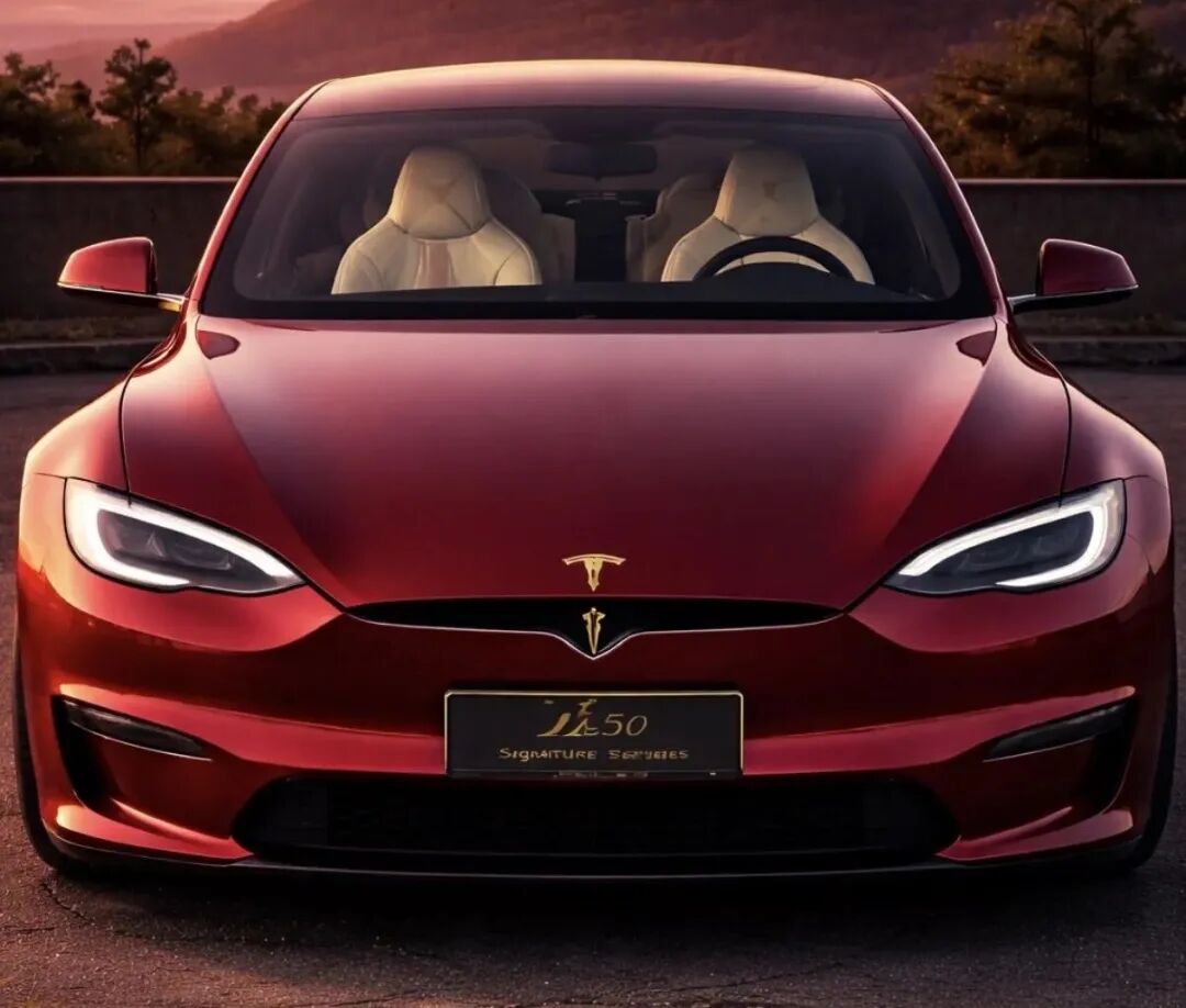 特斯拉Model 50签名版红色Model S前脸特写