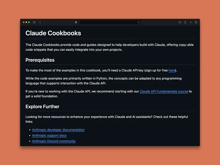 Claude Cookbooks网页截图,展示代码示例与使用指南