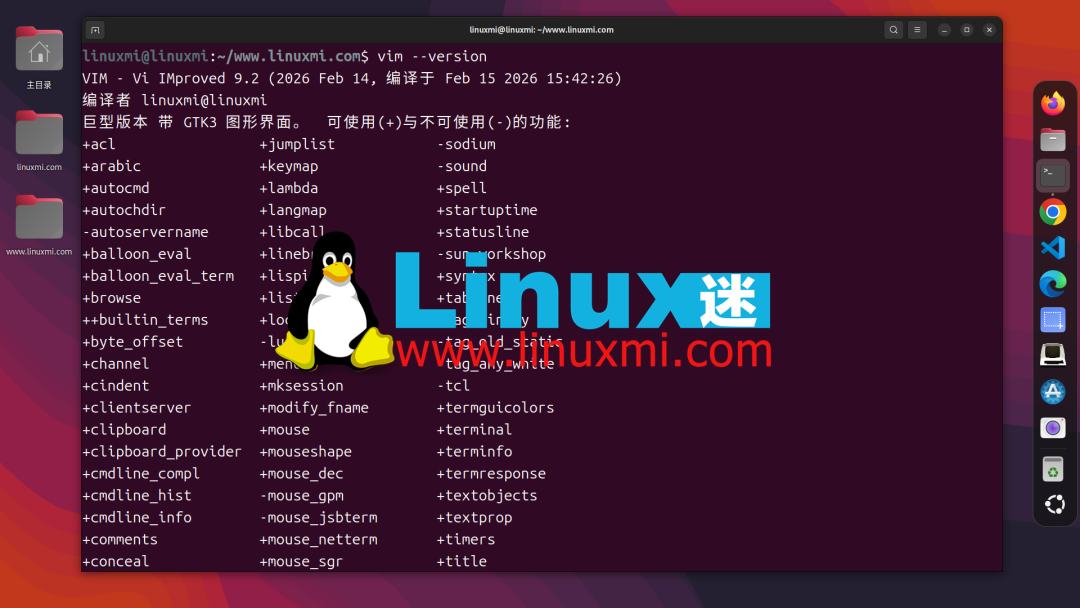 终端中显示的 Vim 9.2 版本信息与编译功能列表
