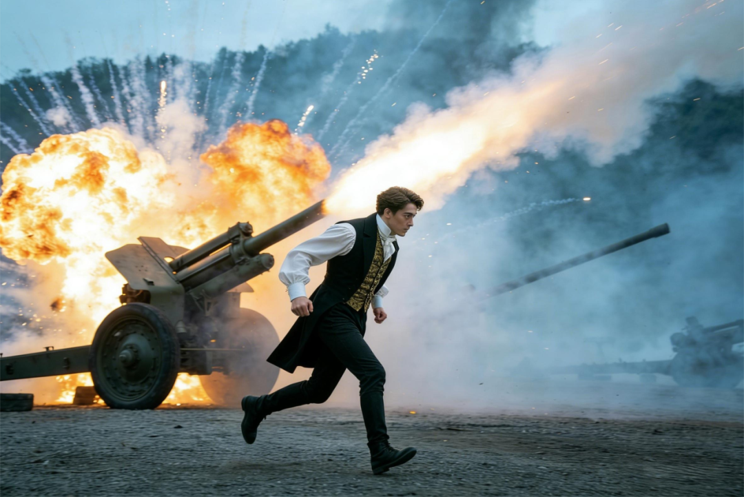身穿马甲的年轻男子在炮火中奔跑