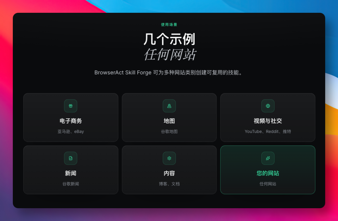 Skill Forge支持的网站类型示例