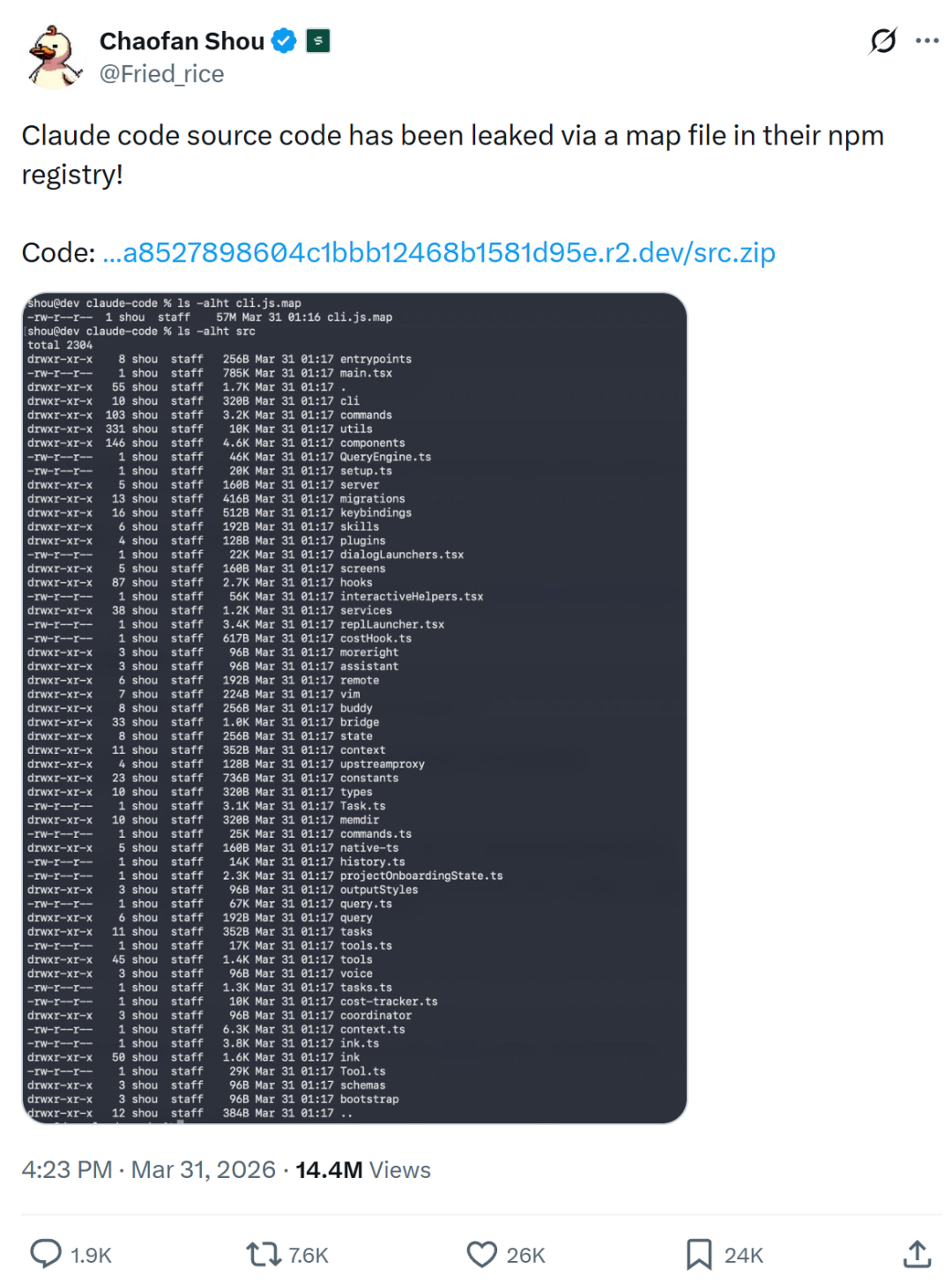 Chaofan Shou 发布的推文截图，显示了泄露源头和终端目录结构