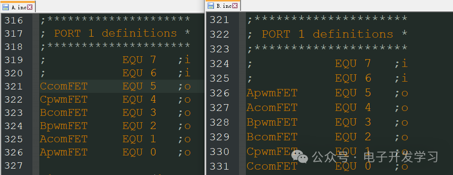 A.inc 与 B.inc 的 PORT 1 引脚定义对比
