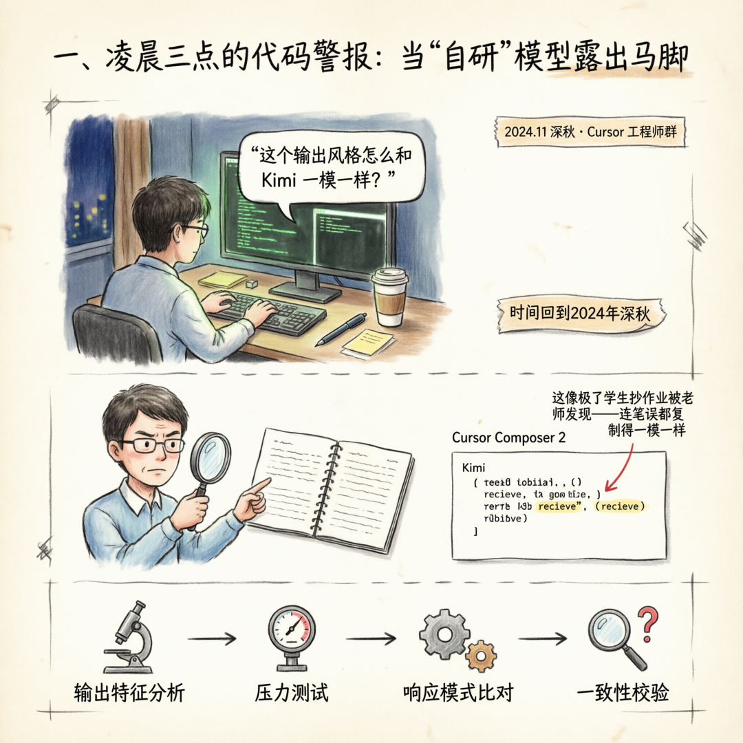 凌晨三点的代码警报漫画，展示Cursor Composer 2与Kimi输出风格对比