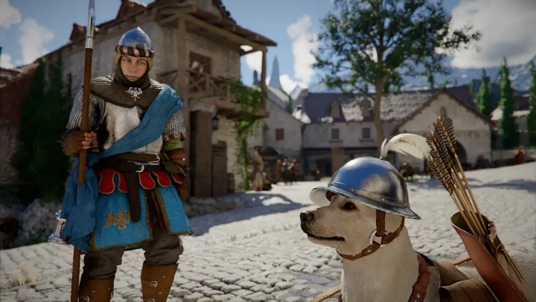 士兵与戴头盔的狗并肩站立