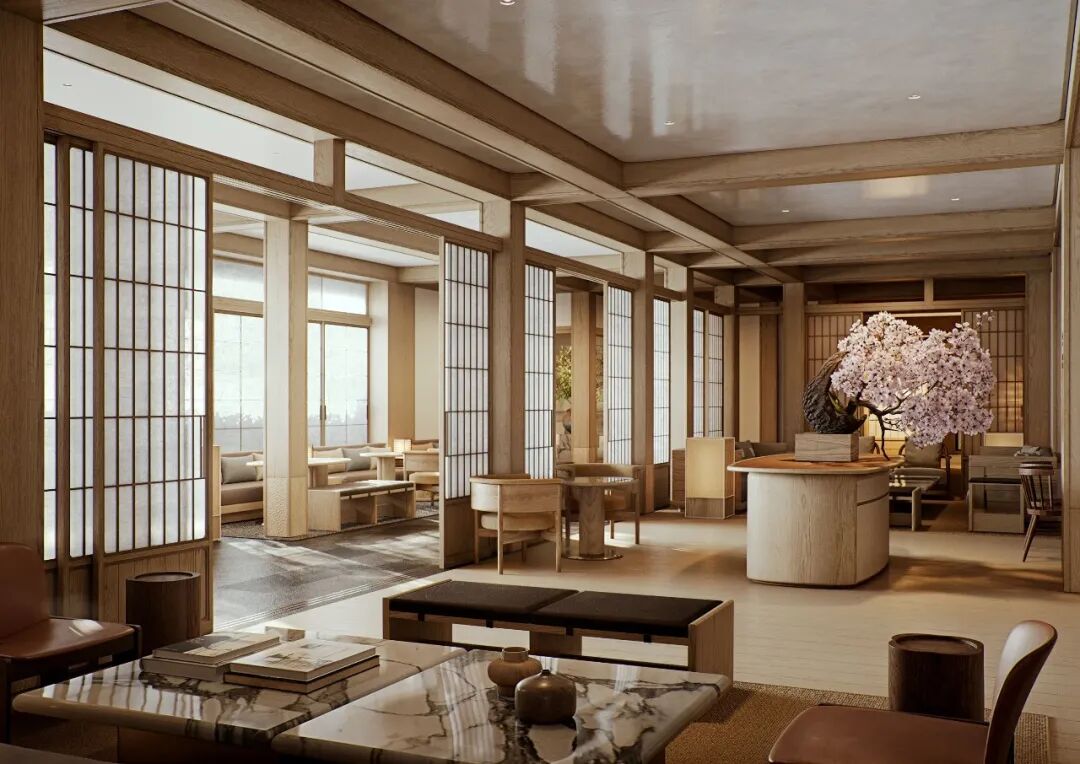 酒店内部日式禅意公共空间，木质结构与枯山水庭院