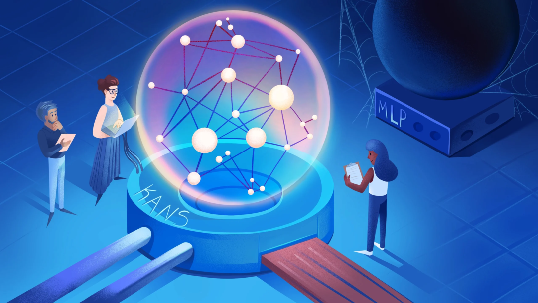 描绘三位研究者围绕发光神经网络球体的科技插画