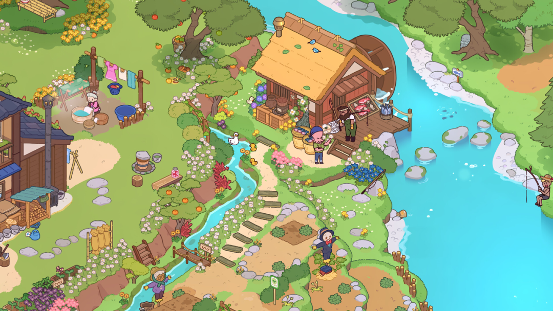 卡通俯视角乡村场景，有水车小屋和村民