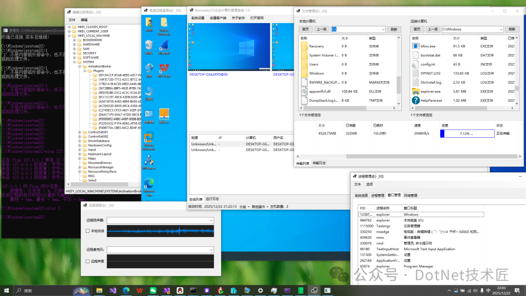 多窗口桌面截图,展示远程控制终端、文件管理器、进程管理器等工具同时运行