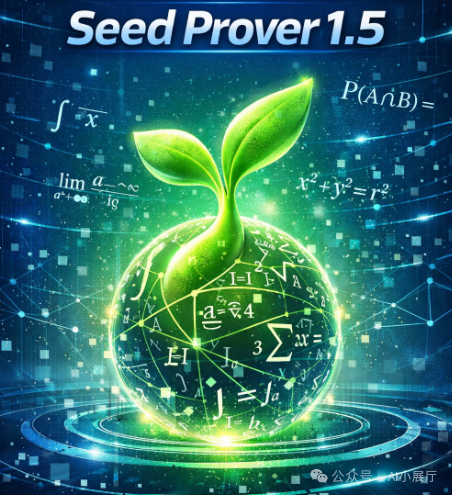Seed Prover 1.5 概念图:结合数学公式与生长的幼苗