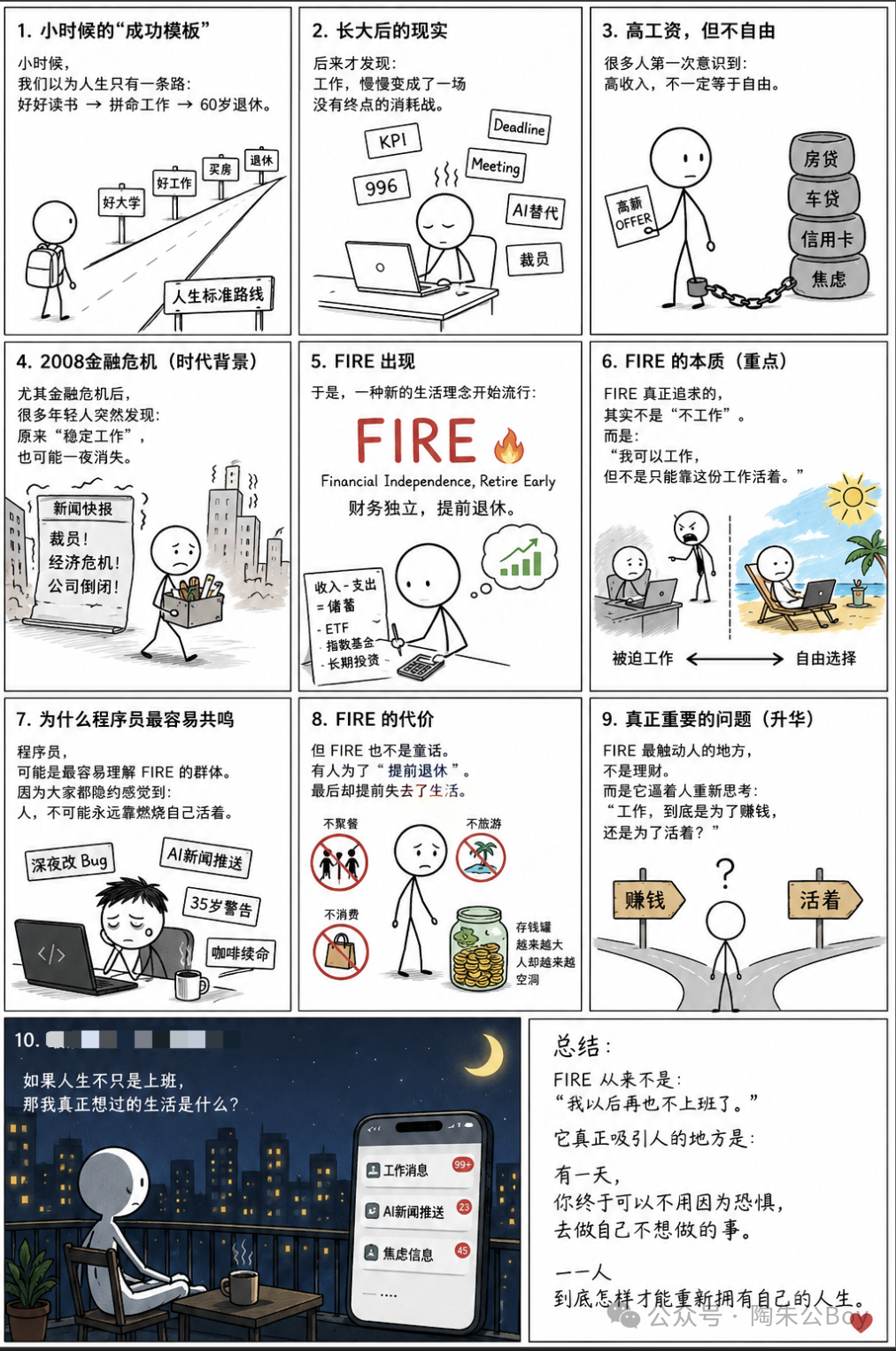 九宫格漫画风格插画,以火柴人为主角,分10个部分讲述人生不同阶段的困境与思考。从幼年时期被灌输的“好大学→好工作→买房→退休”的人生标准路线,到工作后所经历的KPI、996、AI替代、裁员等现实压力,最终引出FIRE理念以及关于工作与自由的深刻反思。