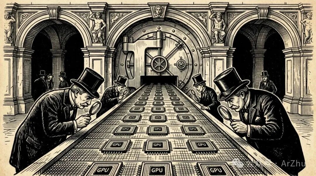 绅士用放大镜检查GPU芯片，象征对高性能计算硬件的审查