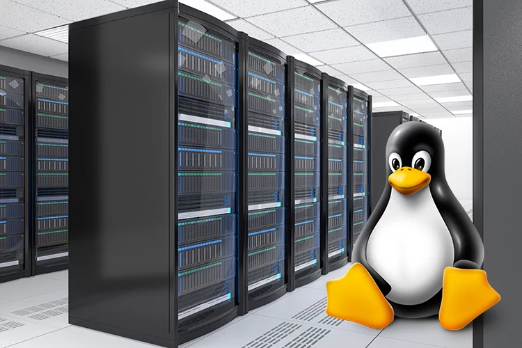 Linux企鹅Tux坐在服务器机柜前的卡通图