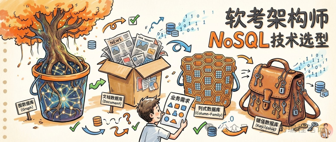 NoSQL数据库选型图：四种数据库类型（图数据库、文档数据库、列式数据库、键值数据库）与业务需求匹配
