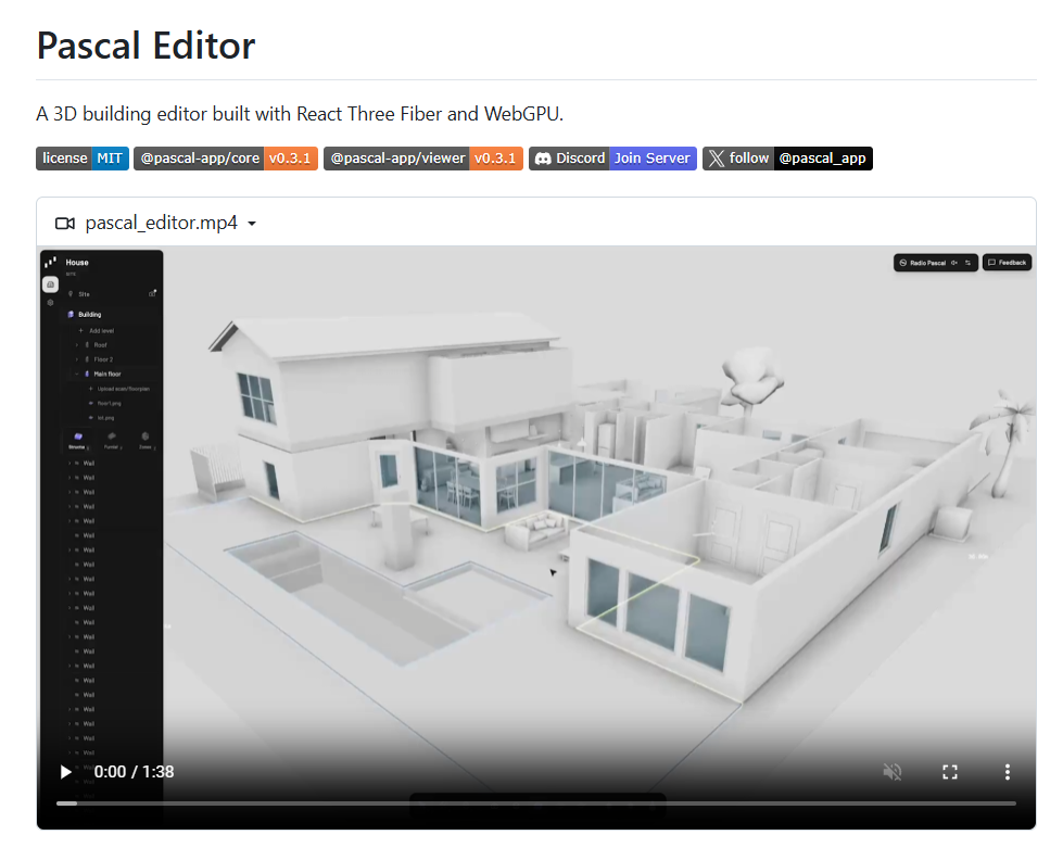 Pascal Editor 主界面截图,展示现代住宅3D模型及编辑面板