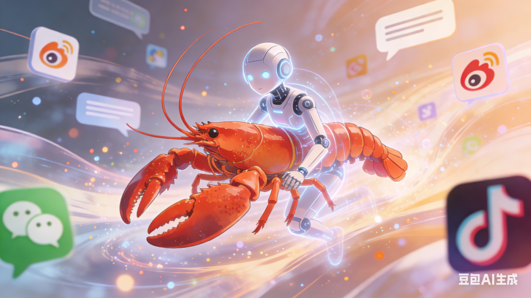 机器人骑着龙虾在社交应用图标间飞行的科幻插画