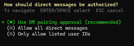 黑色背景的终端界面，显示关于直接消息授权设置的选项列表，包含绿色高亮的推荐选项和两个灰色普通选项，顶部有操作提示文字