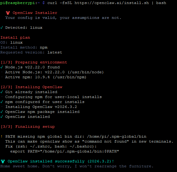 OpenClaw 在终端中的安装过程截图