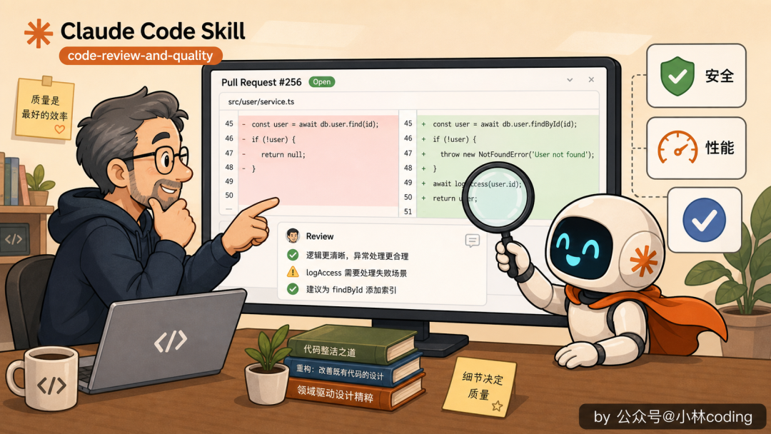 code-review-and-quality Skill 插画：对Pull Request代码进行安全性能质量多维度的严格审查