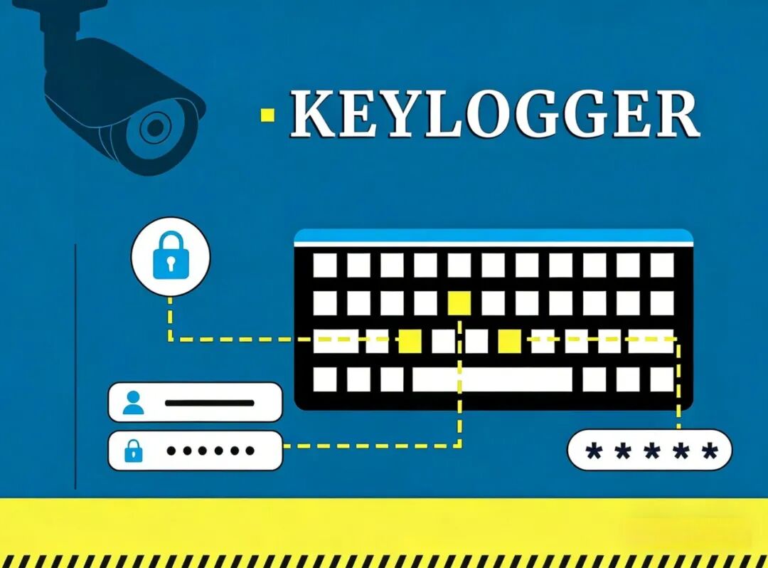 键盘记录器工作原理示意图：监控摄像头、被记录的键盘与密码输入框