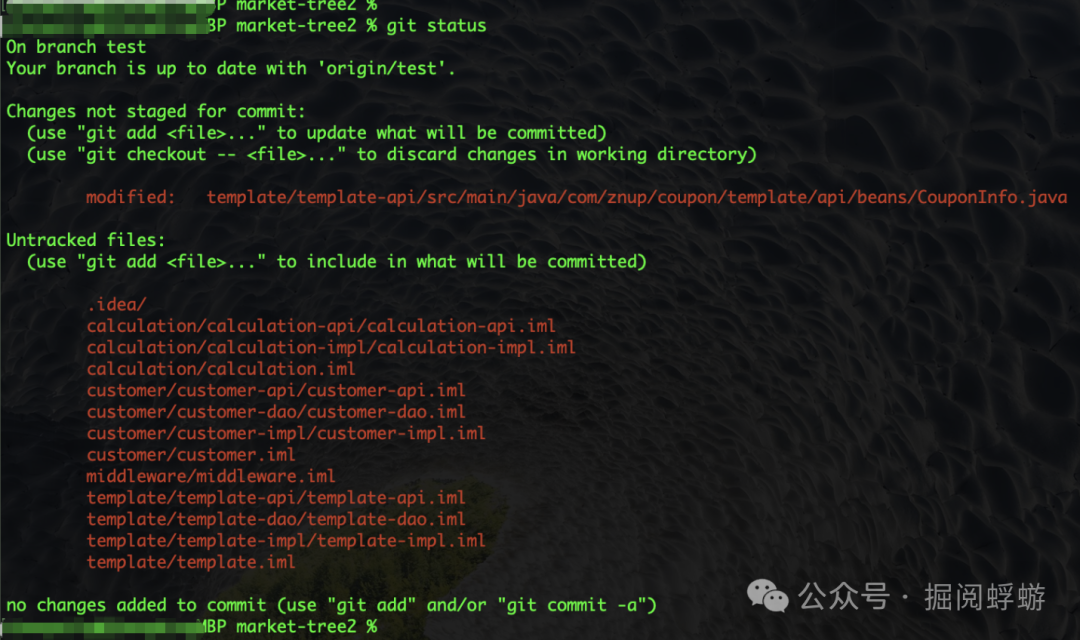 终端执行 git status 命令，查看工作区和暂存区状态