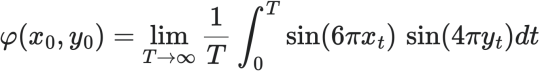 $\varphi(x_0, y_0) = \lim_{T\to\infty} \frac{1}{T} \int_0^T \sin(6\pi x_t) \sin(4\pi y_t) dt$