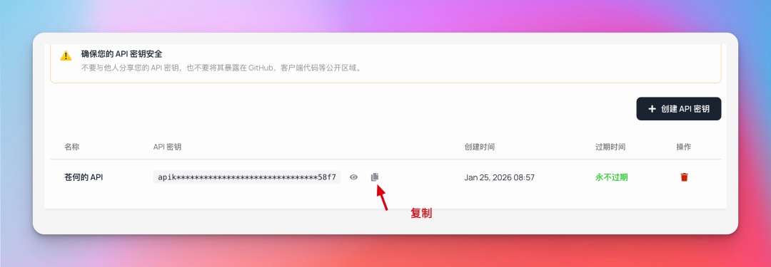 复制已创建的API密钥