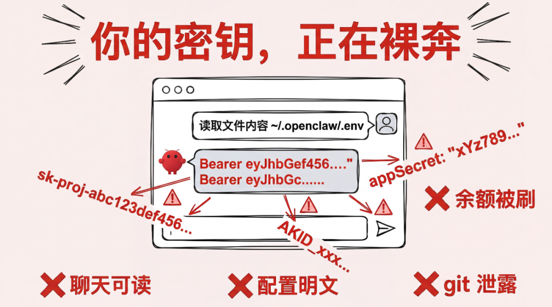 警示密钥泄露的插画:你的密钥正在裸奔