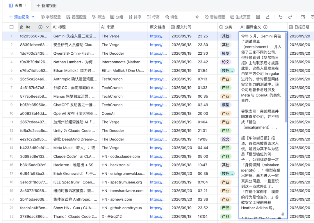 飞书多维表格中的 AI 资讯数据表