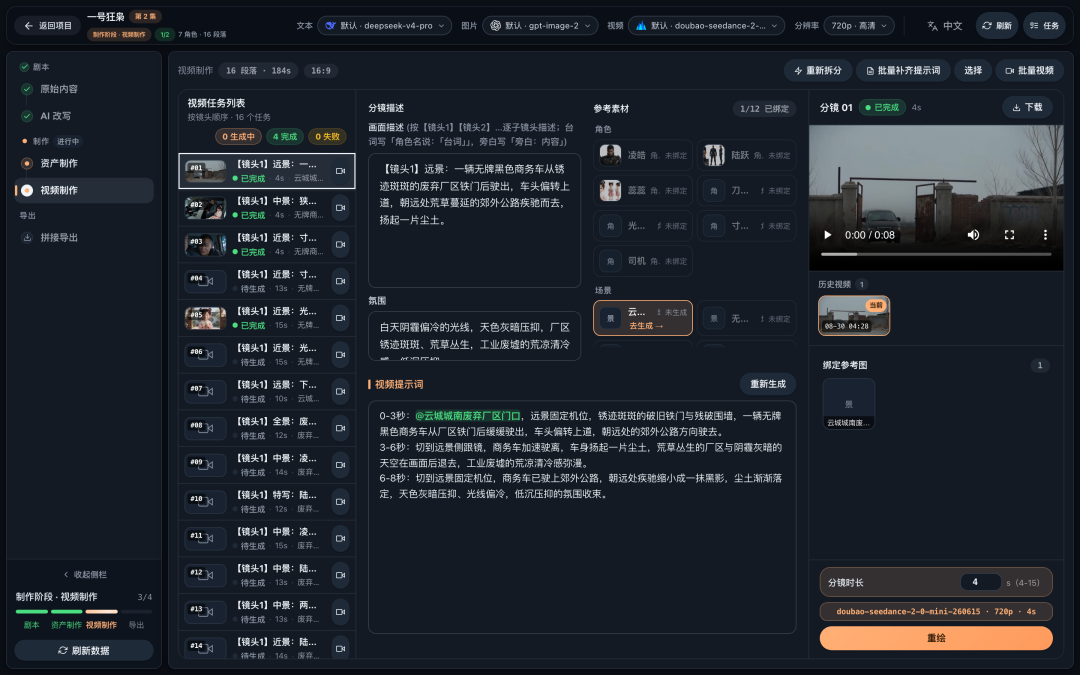 视频制作工作台界面,展示视频任务列表、分镜描述、视频提示词和预览窗口