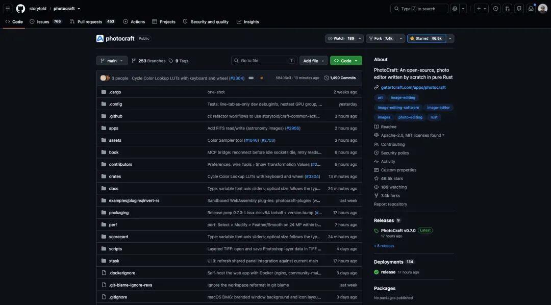 GitHub上的PhotoCraft开源仓库页面