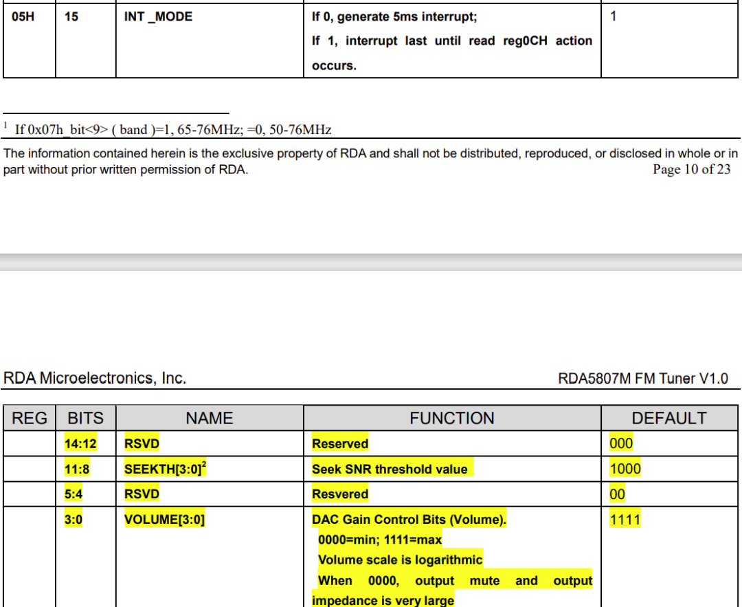 RDA5807M 寄存器05H技术文档片段