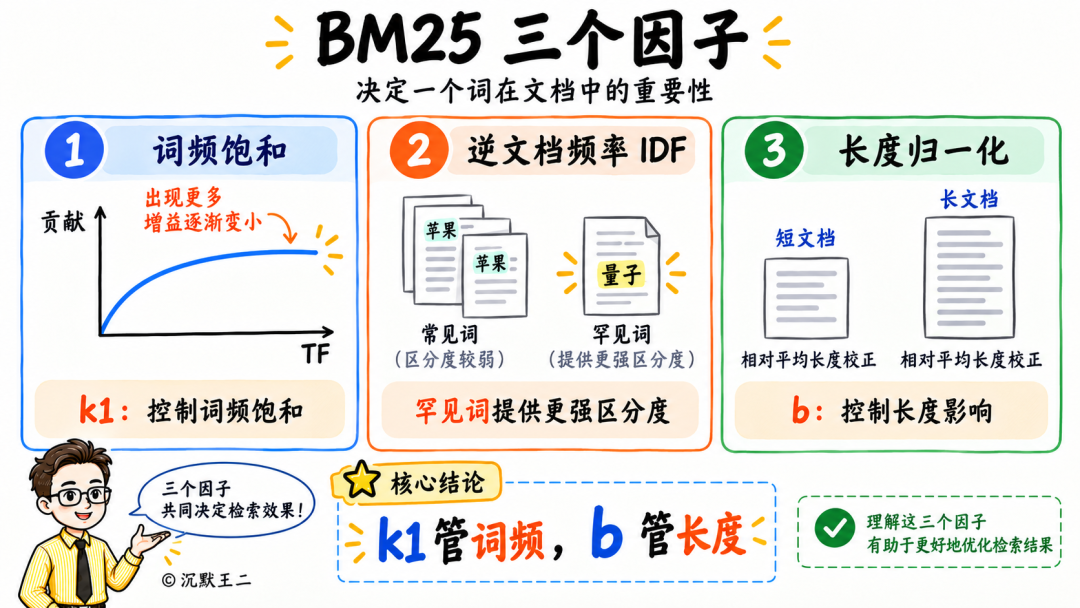 BM25三个核心因子图解：词频饱和、逆文档频率与长度归一化