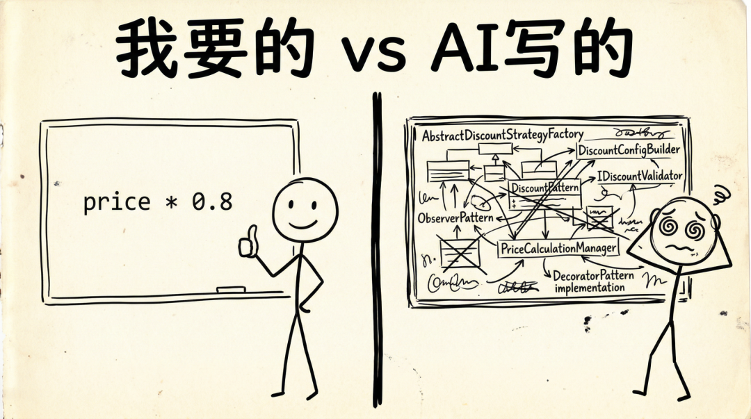 简洁方案与AI过度设计方案的对比梗图