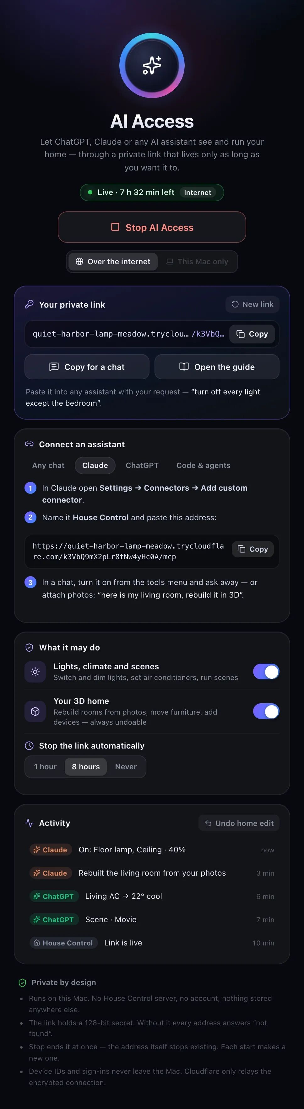 House Control AI Access 生成私有链接连接 Claude 与 ChatGPT 的配置界面