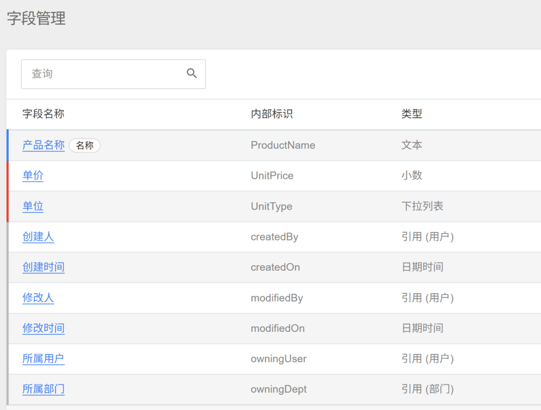 字段管理界面，显示产品实体的字段列表