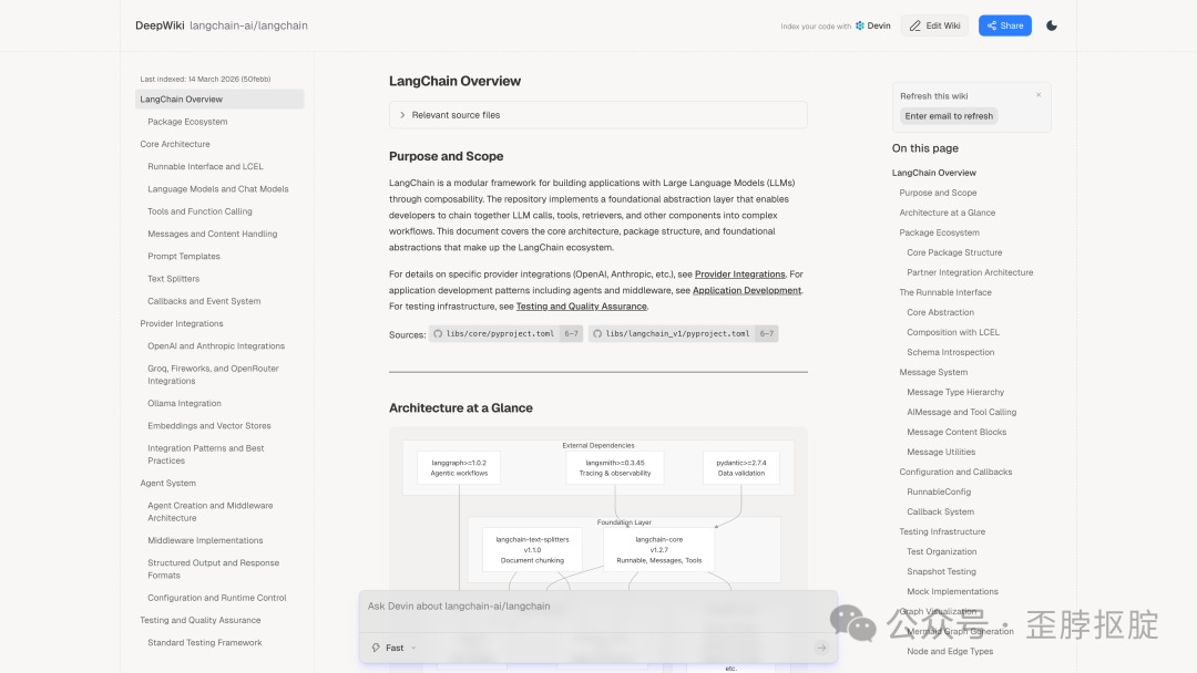 DeepWiki为LangChain项目生成的文档页面，含架构图