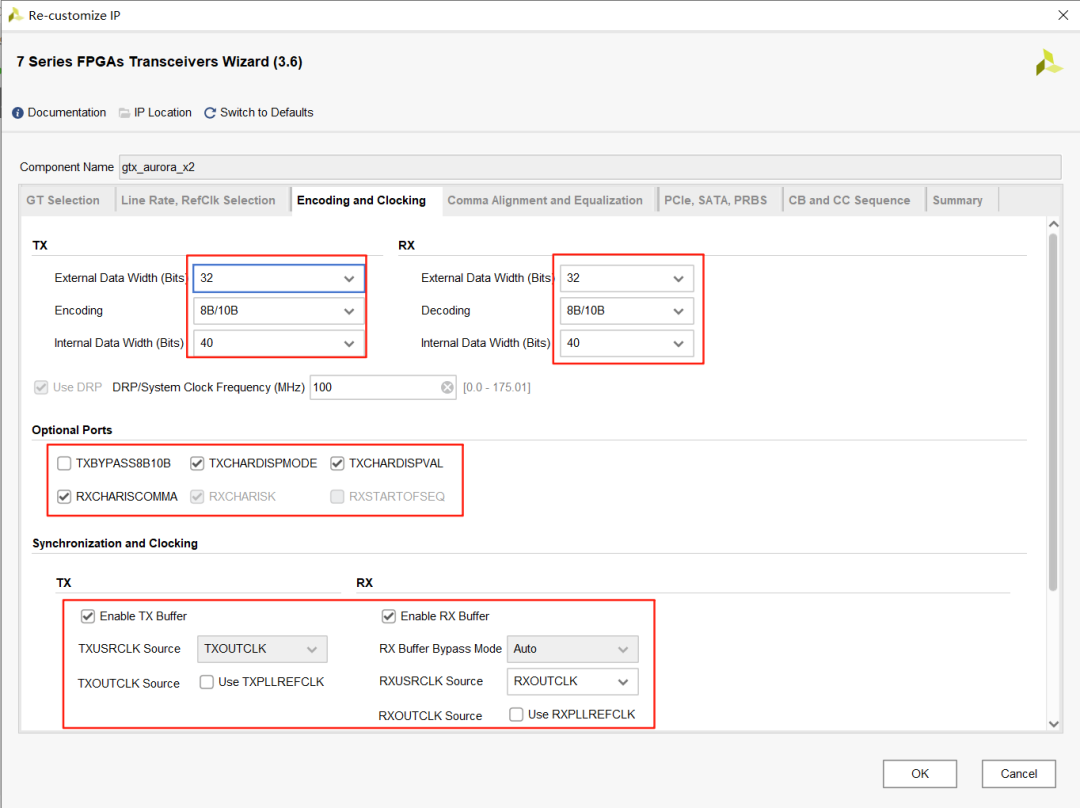 外部数据宽度32位、编码8B/10B、内部数据宽度40位、启用TX/RX Buffer