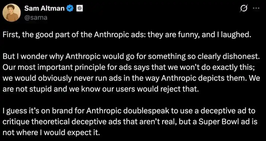 Sam Altman 关于 Anthropic 超级碗广告的推文