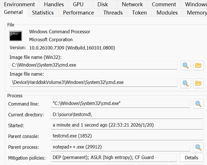 cmd.exe进程属性验证,父进程为notepad+++.exe (29912)