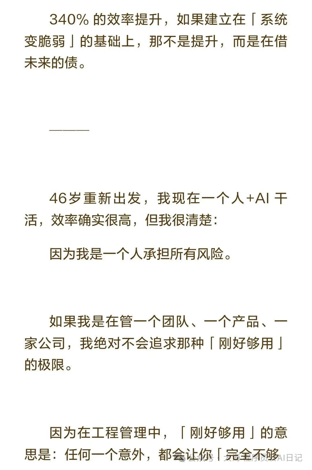 一个人利用AI高效工作但需承担全部风险，并反思团队管理中追求极限效率的弊端