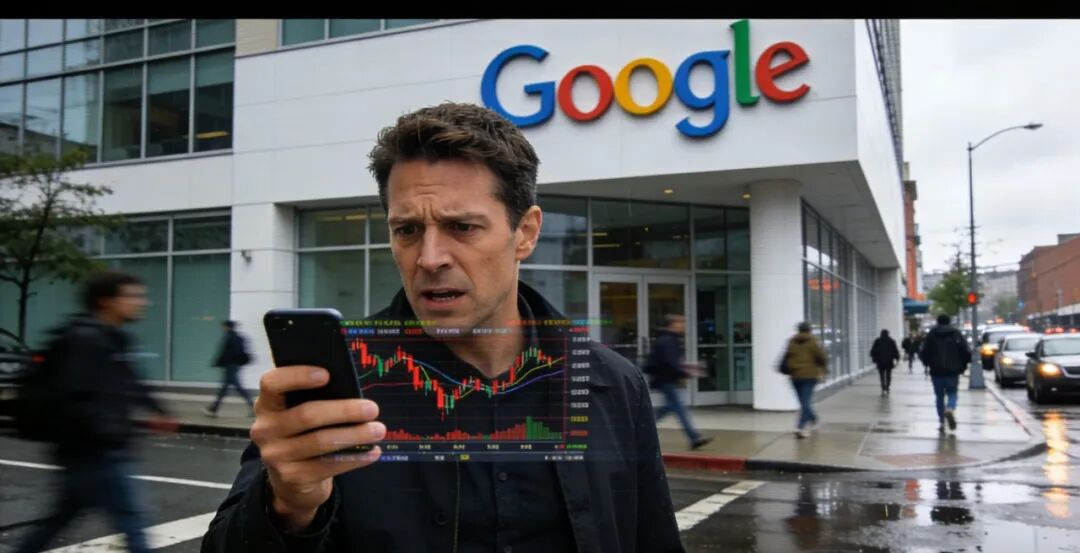 谷歌大楼前，一人看着手机上的股票K线图，表情惊愕