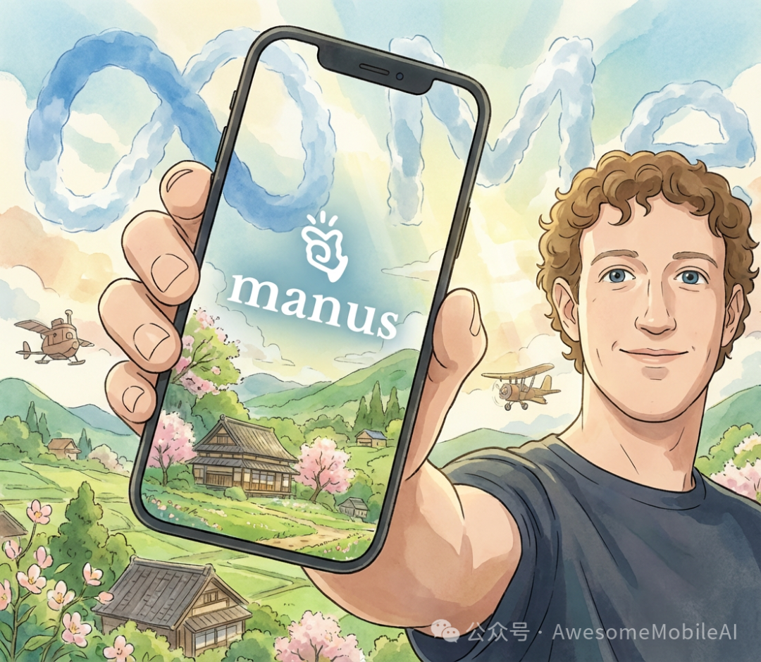 描绘田园风光的插画，人物手持显示Manus标志的手机