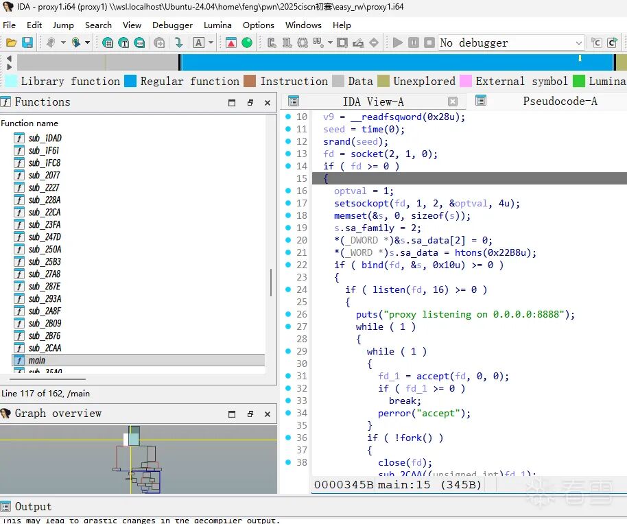IDA 反汇编界面，显示 proxy 程序脱壳后的函数列表和伪代码，包含 socket 创建、bind、listen 等网络相关操作