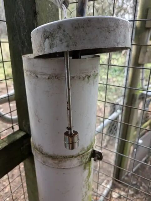 鸡舍内的白色圆柱形水位传感器