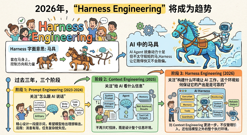 一张关于AI工程演进趋势的科普信息图,标题为‘2026年,“Harness Engineering”将成为趋势’。图中包含多个板块:左上角解释‘Harnes Engineering’字面意思为‘马具’,配图显示从套在马身上的缰绳到人骑马控制方向的演变;右上角‘AI中的马具’板块,用蓝色骏马驮着机器人形象比喻AI Agent如有力但不守规矩的马,Harnes使其既快又不跑偏;下方分为三个阶段:左侧‘过去三年,三个阶段’时间轴,标注‘阶段1: Prompt Engineering (2023-2024)’,强调‘怎么跟AI说话’,配图有喊话者、大脑、Write Book、Code App等元素;中间‘阶段2: Context Engineering (2025)’,关注‘给AI看什么信息’,展示System Prompt、Agent、Memory、RAG Retrieval Results、Tool Call Outputs等模块构成的信息环境;右侧‘阶段3: Harness Engineering (2026)’,聚焦‘构建什么环境让AI工作’,含Execution Environment、Memory、Tools、Guardrails等组件,最终输出Reliable Output。