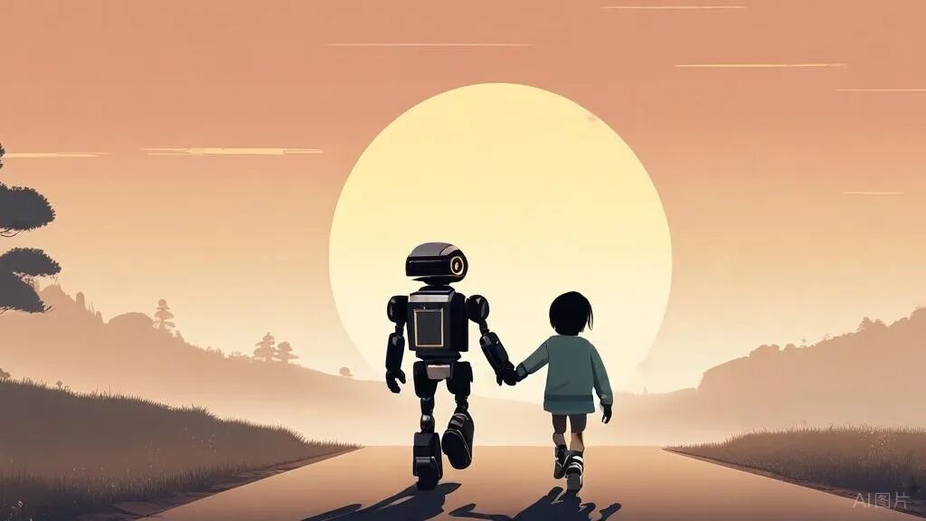 机器人与小孩走在夕阳下的道路