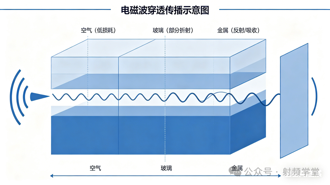 电磁波穿透传播示意图，展示信号穿过空气、玻璃和金属时的衰减情况