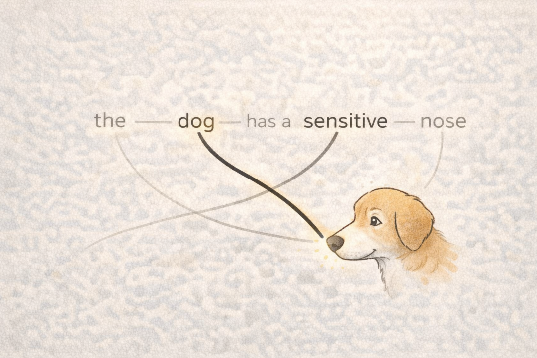 句子“the dog has a sensitive nose”中，“dog”与“sensitive”共同指向狗鼻子的注意力机制示意图