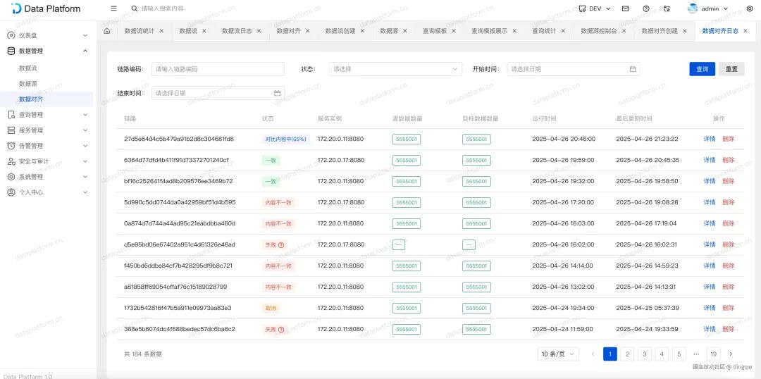 数据对齐执行日志列表,显示每次对比的结果状态和数据量